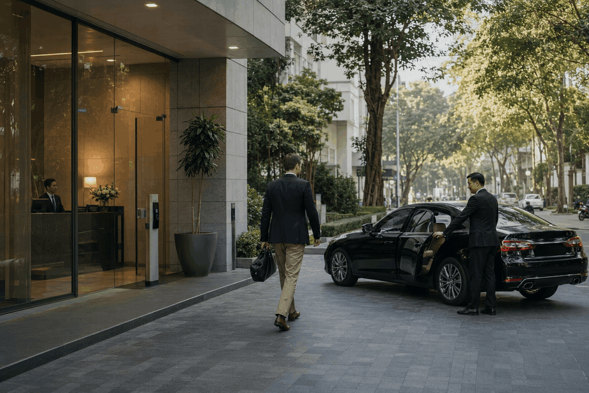 Corporate Housing in Hanoi: VAT Invoices, Flexible Terms and HR-Friendly Leases 5 Housing advisor documenting a corporate apartment viewing and handover in Hanoi